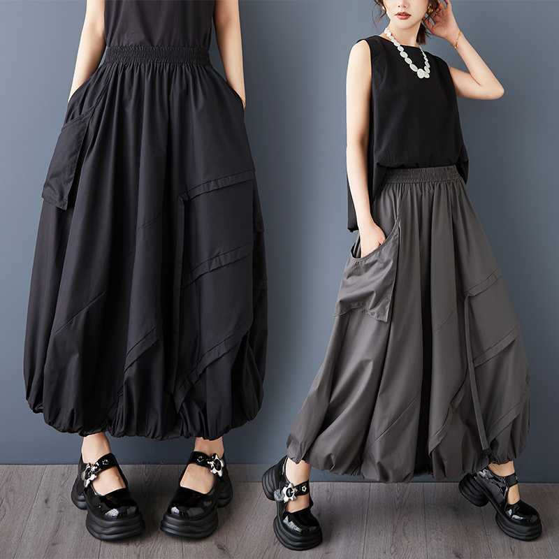 「ファットガール」 夏 大きいサイズ スカート ダーク 大きいポケット デザイン感 フリル ポンポン 体型カバー レディース メガ割