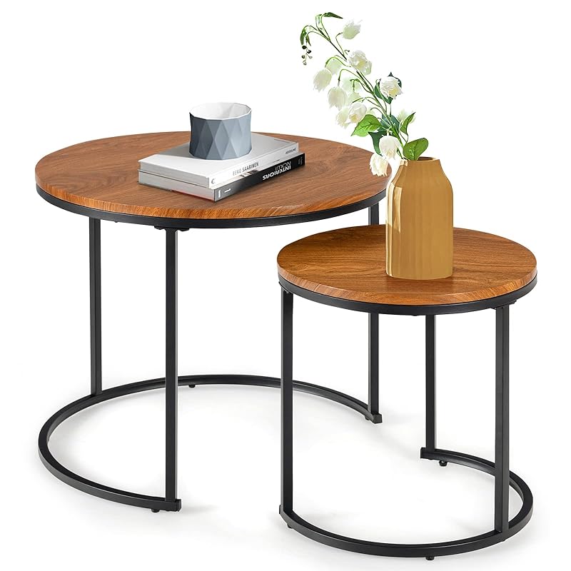 COSTWAY ネストテーブル 2個セット センターテーブル サイドテーブル 丸型 ベッドサイド ソファサイド 自由に組み合わせ ローテーブル おしゃれ (ライトブラウン)