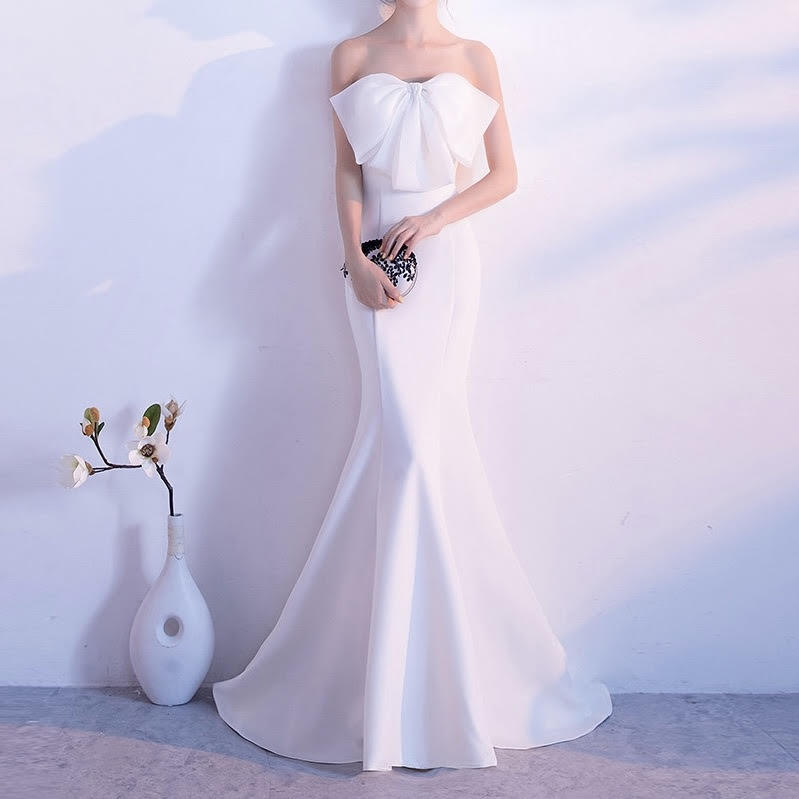 ドレス ウェディング マキシ 袖なし ノースリーブ 肩出し プリンセスライン スリム 細身 イブニング フィッシュテール リボン ウエストマーク ハイウエスト 可愛い きれいめ シンプル 大人可愛い