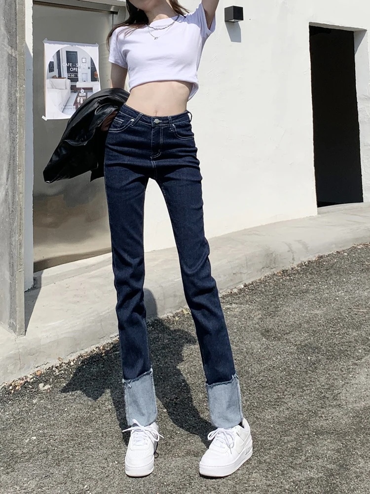 レトロストレートジーンズ女性小9点ロールハイウエスト薄型ルーズlフラップシーズン