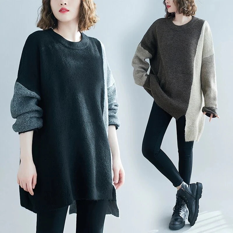ラウンドネックニット韓国大きいサイズ レディースセーター切り替え文芸ニット アンダーウェアトップス 非対称デザイン丸ネック30%制限
