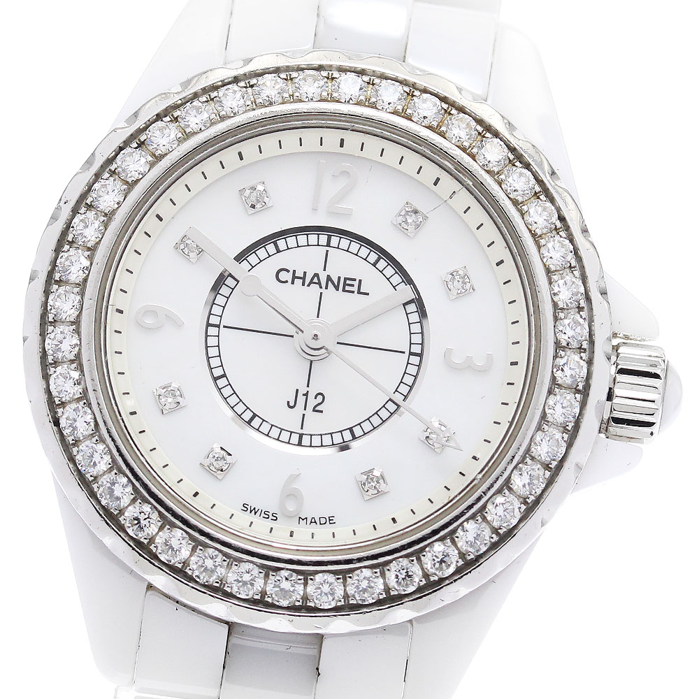シャネル CHANEL H2572 J12 白セラミック ダイヤベゼル 8Pダイヤ クォーツ レディース 保証書付き_876075【中古】