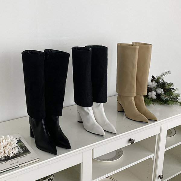 ロングブーツ レイヤード ポインテッドトゥ サイドジップ レディース 黒 ベージュ アイボリー