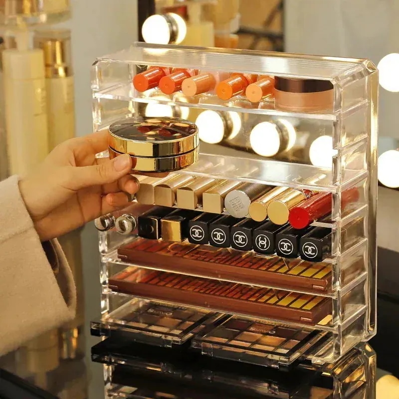 【20点セット】急速出荷新の特恵透明アクリルパウダー収納ケースアイシャドウクッションチークメイク口紅デスクトップ化粧品展示棚1597
