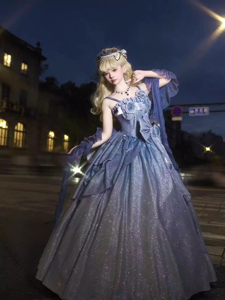 銀河への欲望エレガントブルーフラワーウェディンググリッターloiitaウェディングドレスドレスjskロリータプリンセスドレス