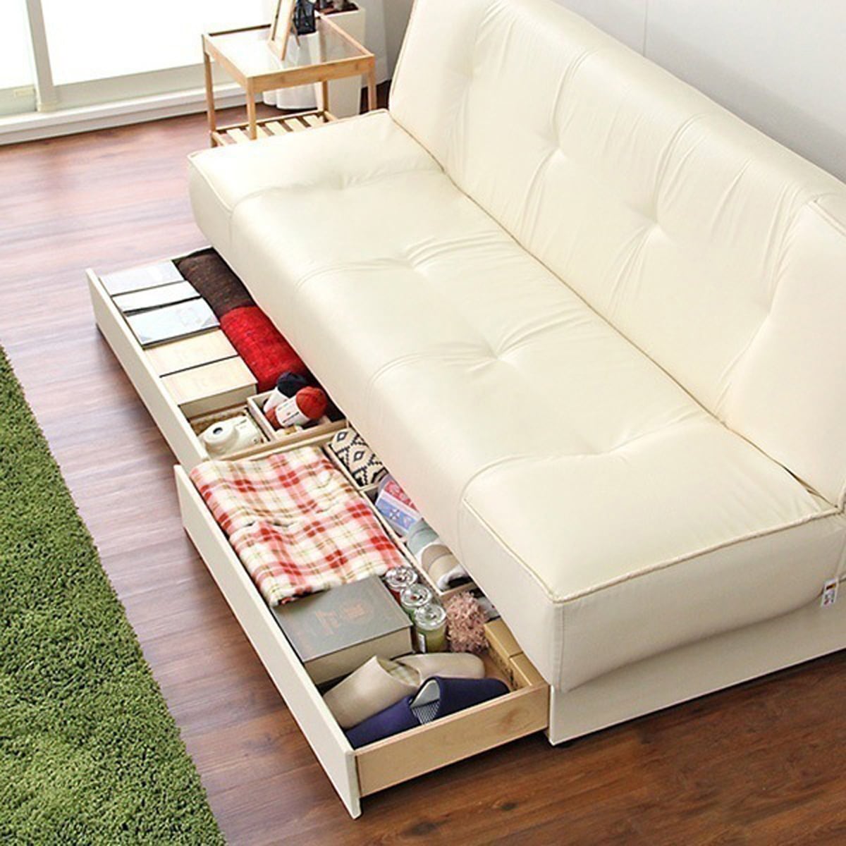 引き出し2杯付き3段階リクライニングソファベッド レザー4色 日本製完成品