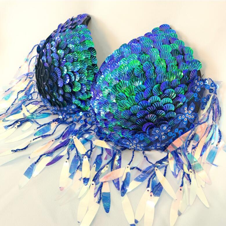 人魚姫 ビキニ 2点セット 人魚 ブラジャー 水着 セパレート 貝殻 スパンコールフリンジ きらきら グラデーション 水着 三角形パンツセット 手作り レディース 大30%までに制限