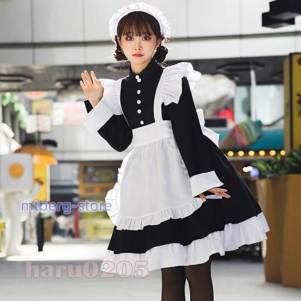 【激安販売】メイド服 黒白 ワンピース 長袖 レディース コスプレ 膝丈 エプロン 髪飾り付き クラシカル メイド ロリータ フリル 制服 喫茶店変装 パーティー衣装