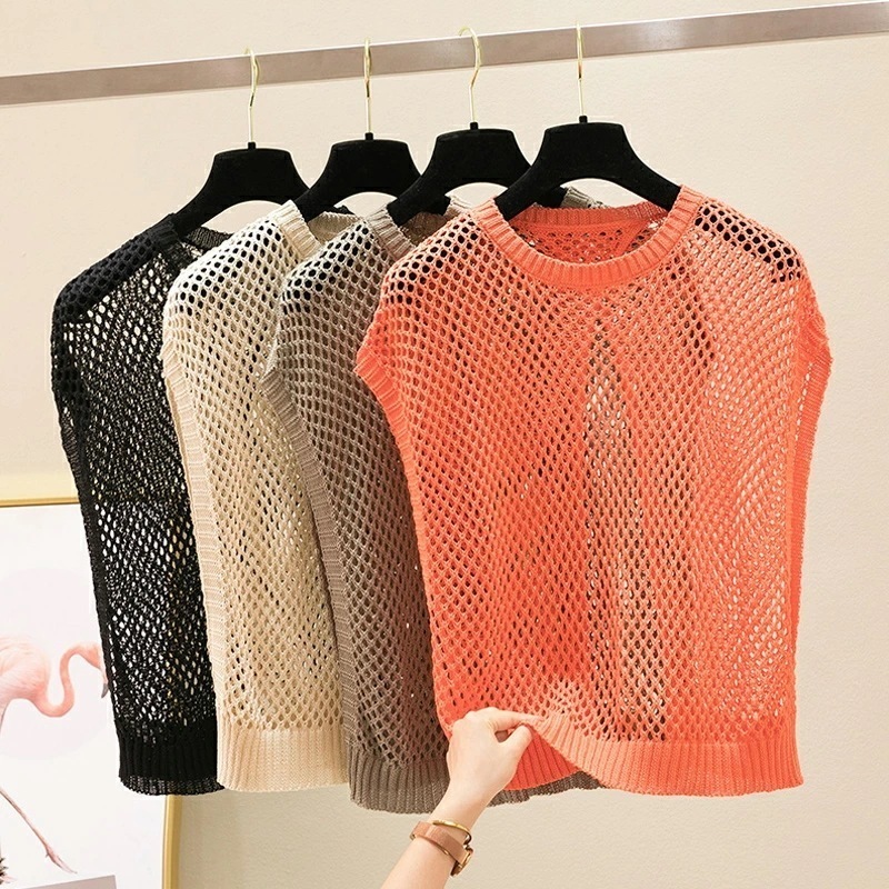 [迅速な配達][限時割!引!]ノースリーブ 透かし編み バックスリット トップス 2way メッシュ ニット ベスト レディース 透け感 クロップド丈 薄手 大人 カジュアル 上品 きれいめ フェミニ