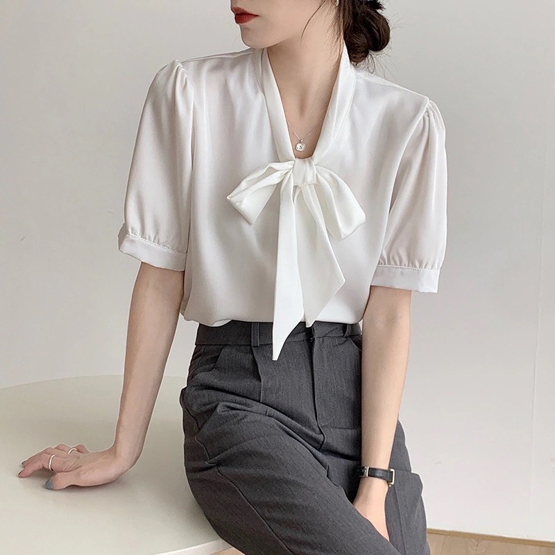 【1つ買うと10つ無料】女性用の夏の白い短袖のシャツシフォンキャリアインタビューフォーマルな気質シャツ