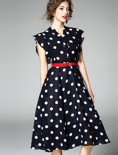 パーティードレス ドット柄 水玉 フリル Vネック フレンチスリーブ ミディ丈 シフォン フレア ベルト エレガント パーティー 結婚式 パーティードレス ドット柄 水玉 フリル Vネック フレンチスリーブ