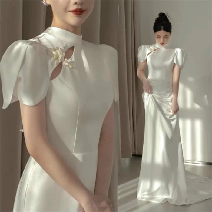 ホワイト　ロング ウェディングドレス 　半袖　チャイナドレス　花嫁 結婚式 披露宴 フォマール ドレス シンプル Aライン ウエディング ドレス チュール 可愛い ブライド ドレス 発表会 演奏