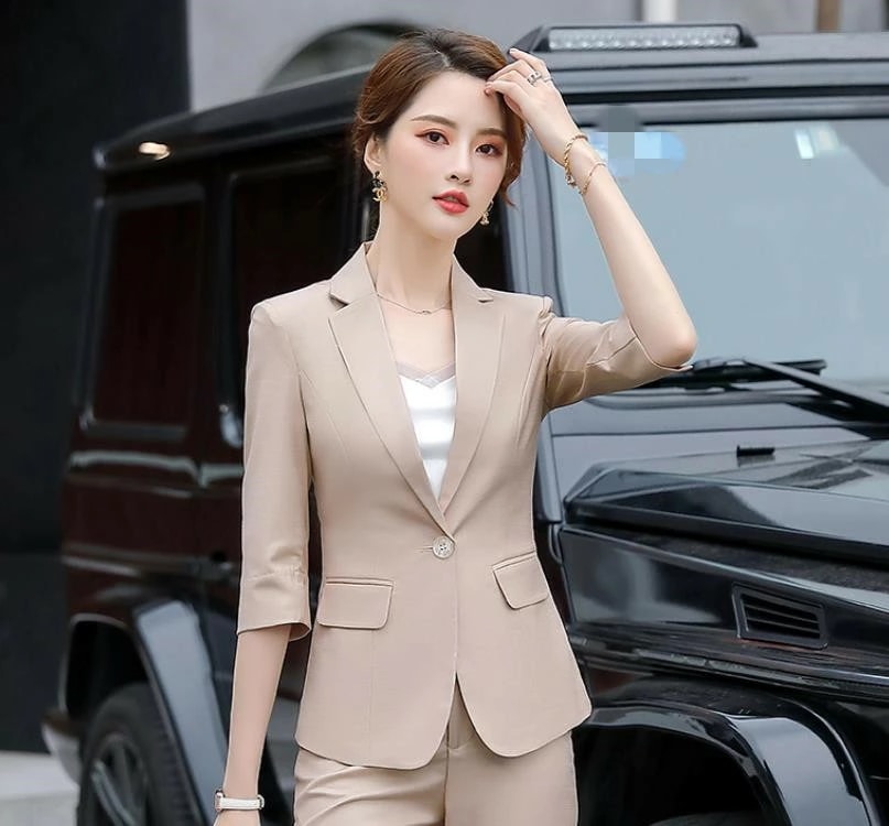 夏用　レディース　ビジネススーツ　コート　パンツスーツ　通勤　オフィス　トップス　制服　事務服　洗える　細身　就活　面接　大きいサイズ　2点セット 　1ボタン　五分袖　　ブラック　ネイビー　グレー　薄