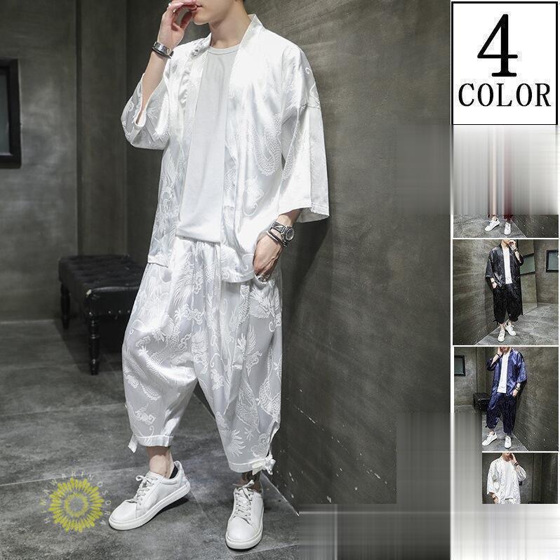 甚平 メンズ 夏 上下セット 浴衣 作務衣 セットアップ 長袖 接触冷感 和式 祭り 男性用 半被 半纏 クール感 花火大会 ゆったり 和 七分丈パンツ 龍柄