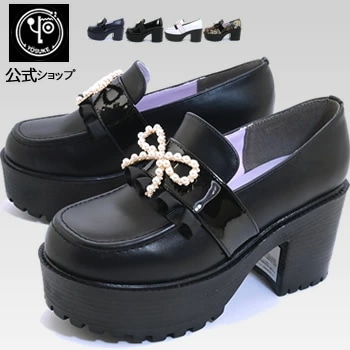 【公式SHOP特典キズ補修液付】 ヨースケ 厚底 ヒールローファー　パールリボン レディース 歩きやすい 8cm 太ヒール