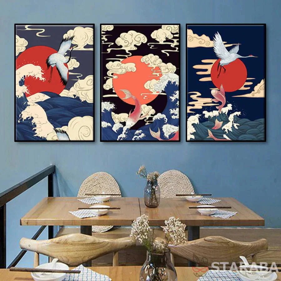 3枚セット 絵画 インテリア ファブリック 絵 和風 絵画 アートフレーム 鶴と日の出絵 鶴絵 30×40cm 壁掛け 4,300円