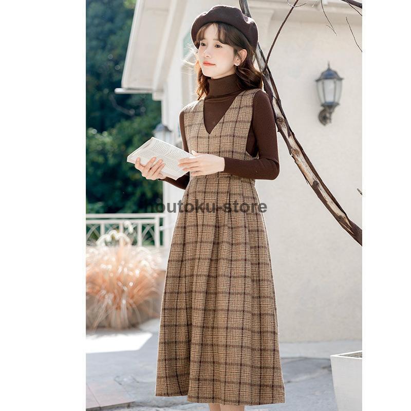 スカート ジャンパースカート ワンピース ツイード ロング丈 バックスリット