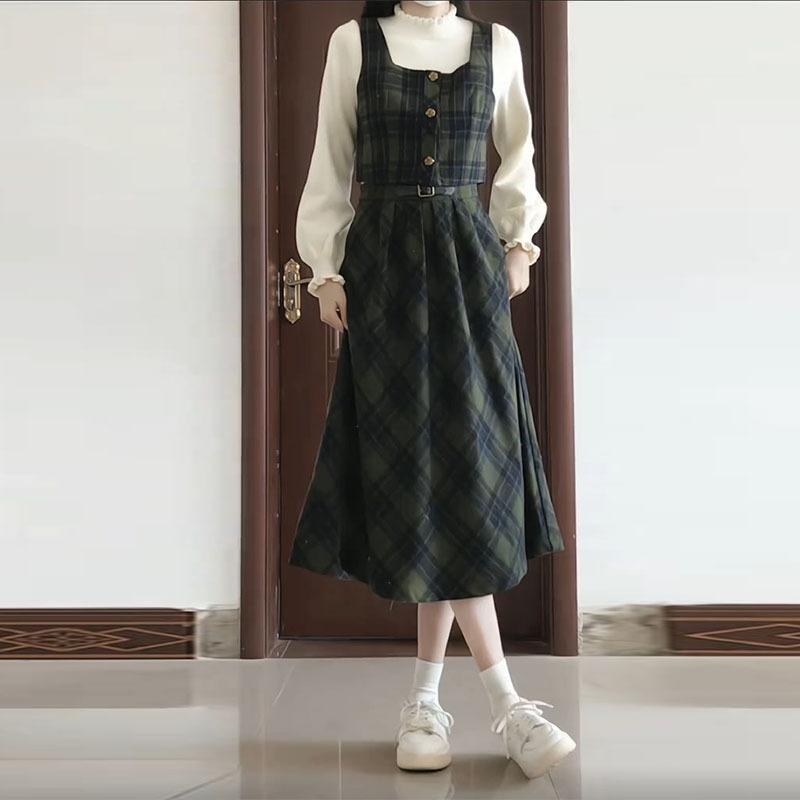 セットアップ レディース かわいい 大人 秋冬 カレッジ 着痩せ 韓国 アプリコット ニット セーター ラウンドネック チェック ベスト スカート Aライン ミモレ丈 4,609円