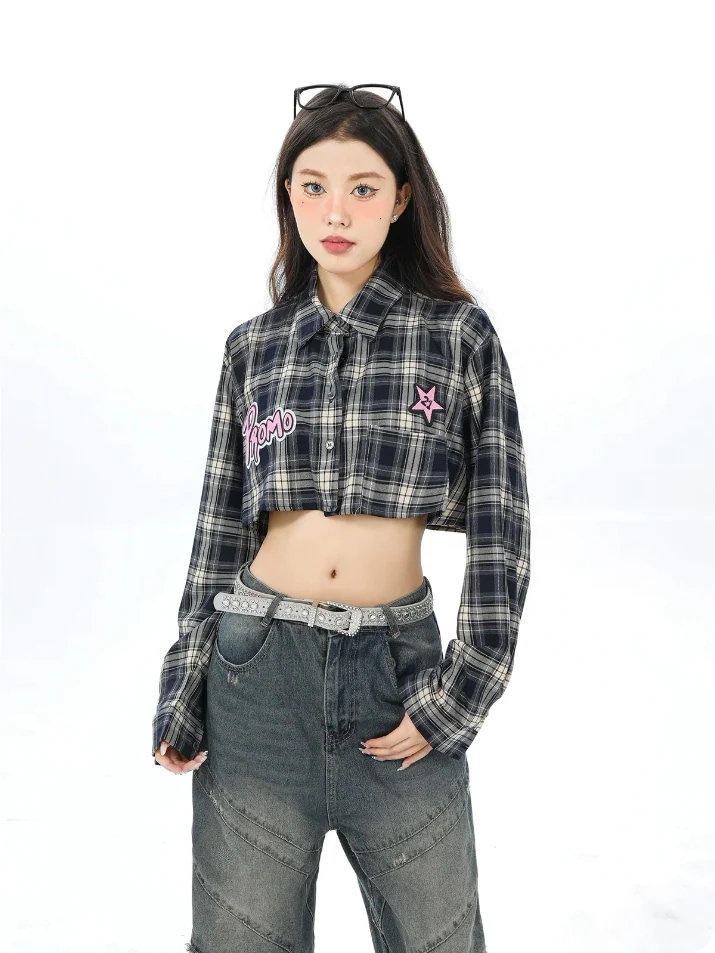 【3日で出荷】新着 ユニークなデザイン セクシー アメリカン 刺繍 ショート プレイド シャツ 秋 薄手 レトロ デザイン ショートバストパッチチェックシャツ