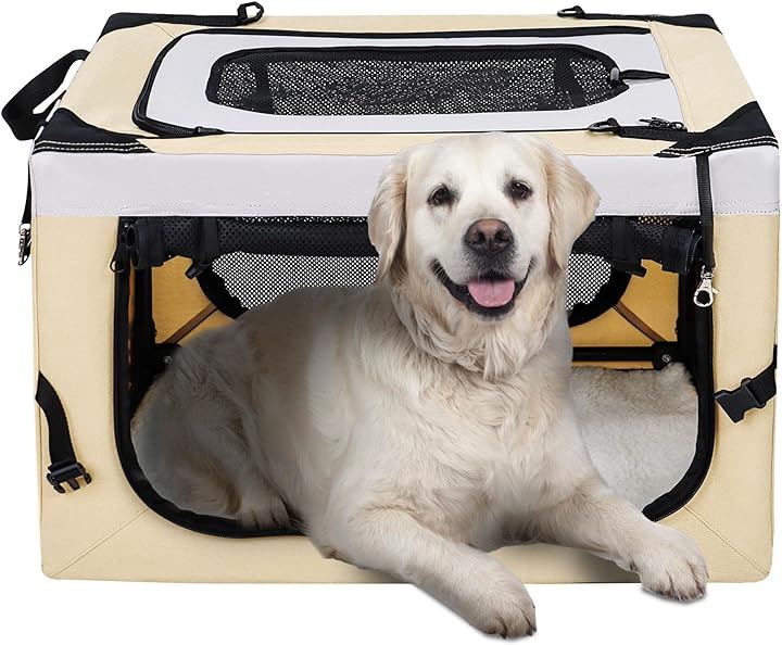 キャリーケース 犬 猫 キャリーバッグ 折り畳み ソフトクレート 犬用クレート ロック付き 給水ボトルバンド付き 洗濯可能 中大型犬 20kgまで(ベージュ, XL)