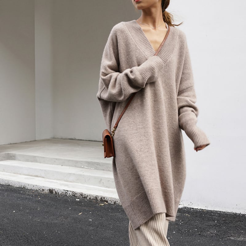 トップス ニット セーター オーバーサイズ l 長袖 袖あり Vネック チュニック丈 ロング 膝丈 シンプル 無地 アクリル 大人 カジュアル ゆる ゆったり ルーズ 体型カバー 韓国 オル