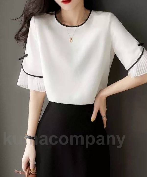 ノーカラー ブラウス トップス レディース 半袖 春夏 プリーツ切り替え オフィス 通勤服 大きいサイズ 3L 春 夏 白 ビジネス スーツ インナー カットソー プルオーバー 20代 30代 40代