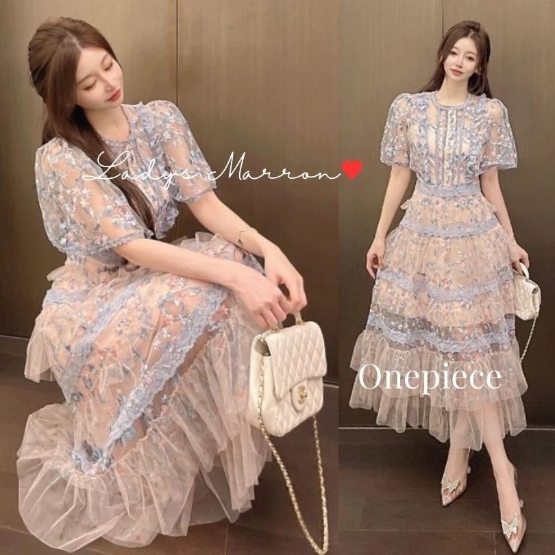 【急速出荷 2025年新作】お呼ばれドレス 結婚式 お呼ばれワンピース パーティードレス 韓国 ドレス ピンクドレス 花柄ドレス ティアードドレス ガーリードレス 半袖 ロングドレス ティアードワンピ