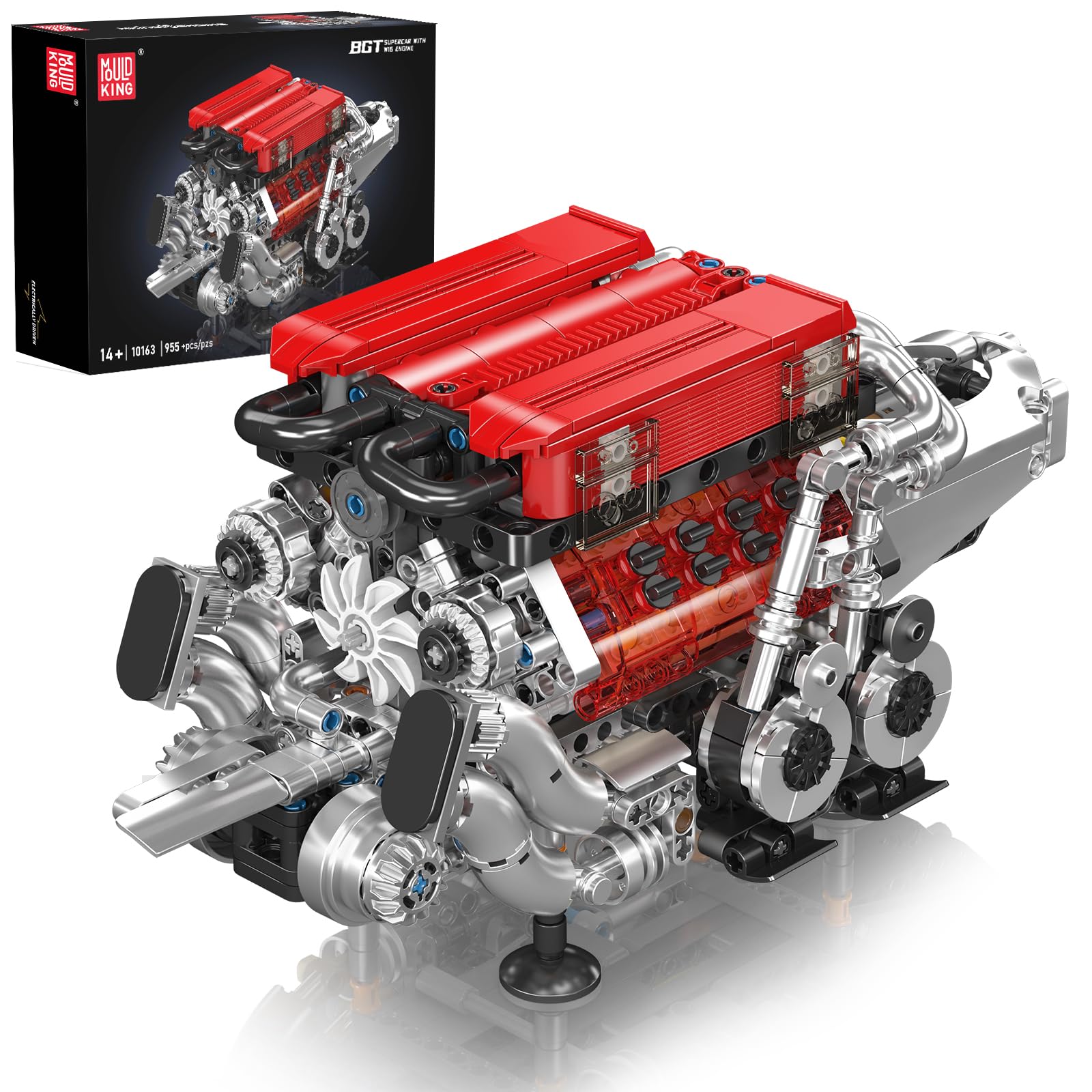 Mould King 10163 Technology W16エンジンブロックおもちゃ955件のエンジンブロックセット男の子と女の子へのプレゼント（赤色）