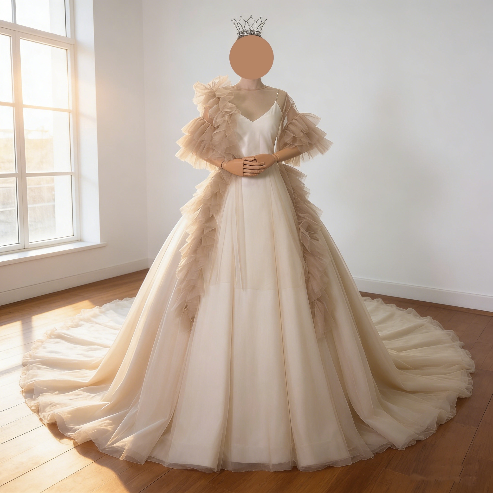 カラードレス ブラウン+オフホワイト ツーピース 華やかなトレーン キャミソール+ オーバードレス 花嫁 前撮り