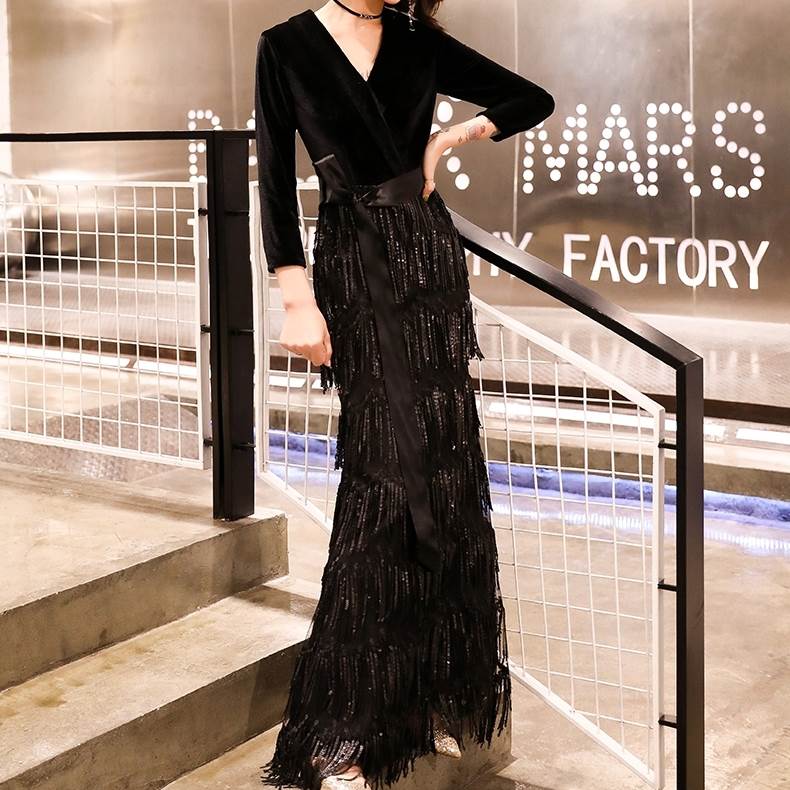 品質保証ロング ドレス パーティードレス 個性的 カシュクール 袖あり 黒 マーメイド 切り替え 結婚式 二次会 お呼ばれ フォーマル 演奏会 ピアノ 発表会 ドレス ワンピース 大人 かっこいい ド 8,305円