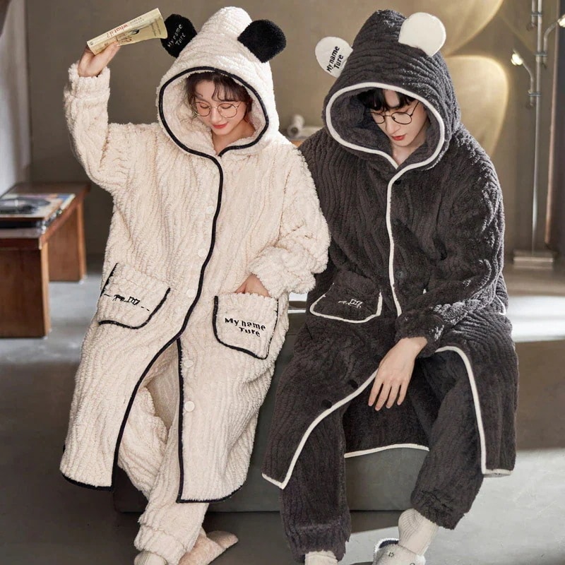 パーカーネグリジェのカップル寝間着部屋着ロングパジャマ秋冬ジャカードルームウェア２点セット30%制限