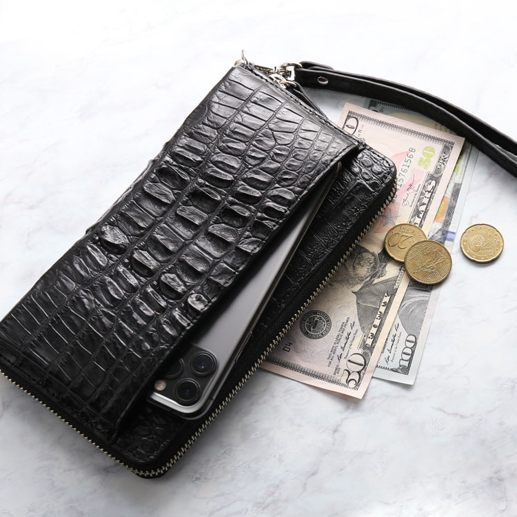 本革 オーガナイザー 長財布 ラウンドファスナー クロコダイル ホーンバック 使用 メンズ ストラップ付き ブラック 黒 ギフト プレゼント 背ワニ 4FA (06001690r) 6,224円
