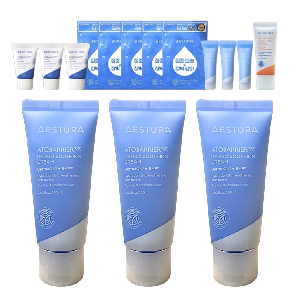 アトバリア365ハイドロスージングクリーム 60ml x3 + 10ml x3 + クリーム10ml x3 + マスクパック5枚入り +ダーマUV365サンクリーム 20ml