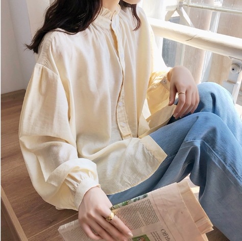 トップス シャツ ブラウス 袖あり 長袖 ドロップショルダー スタンドカラー ワイド フリル かわいい 大人可愛い シンプル カジュアル おしゃれ お洒落 大人女子 こなれ感 ラフ キュート ガーリー