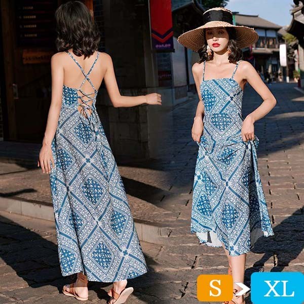 ハワイ リゾートワンピース マキシ丈 ノースリーブ 背中開き 民族風 編み上げ 体型カバー 総柄 夏ワンピ ロングワンピース 沖縄 海外旅行 水色 レディース マキシワンピース おしゃれ 大人可愛い