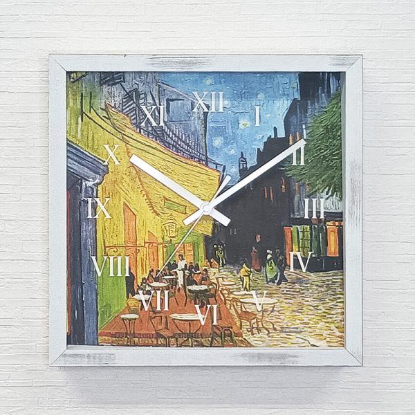 壁掛け時計 名画 ゴッホ 夜のカフェテラス アートクロック 木製 日本製 静音 ローマ数字 クラシック インテリア ギフト