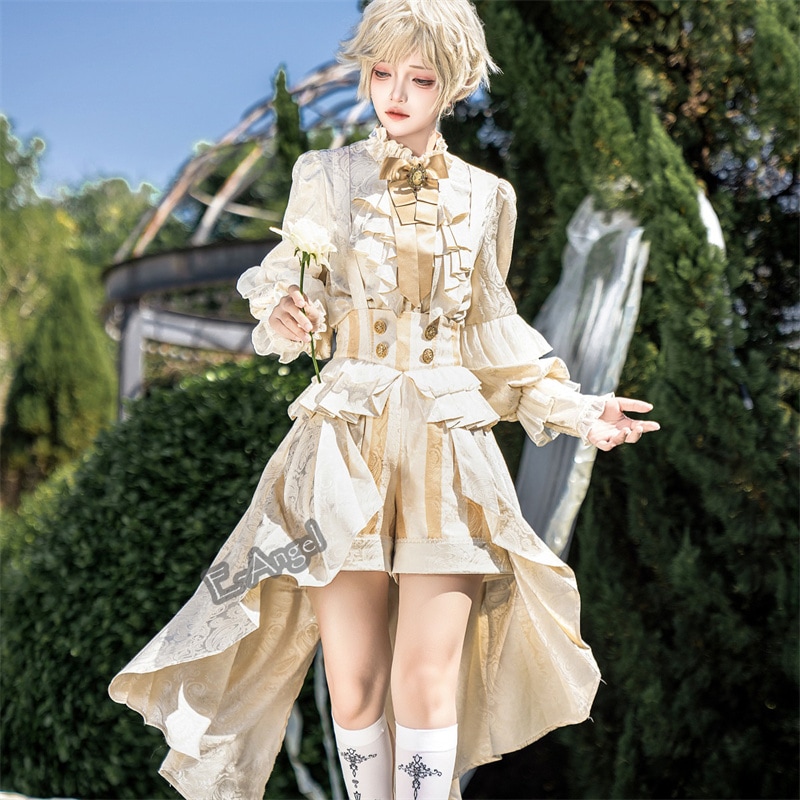 ロリータファッション 少年装 セットアップ 復古 宮廷風 王子系 皇子系 舞台 イベント コスプレ トップス サスペンダーパンツ レトロ おしゃれ ユニセックス 演出服 ゴールド コスチューム