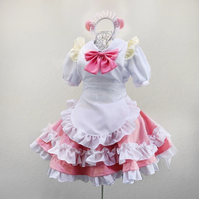 可愛いカフェメイド服　肩フリル　萌え萌え　ネコ髪飾り　スカート