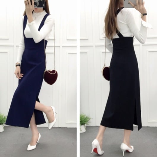 ワンピース ジャンパースカート ミモレ ノースリーブ スリム スマート デザイン 美ライン ニュアンス サイドスリット ファスナー カラバリ スタイルアップ クリーン かわいい 大人可愛い きれいめ