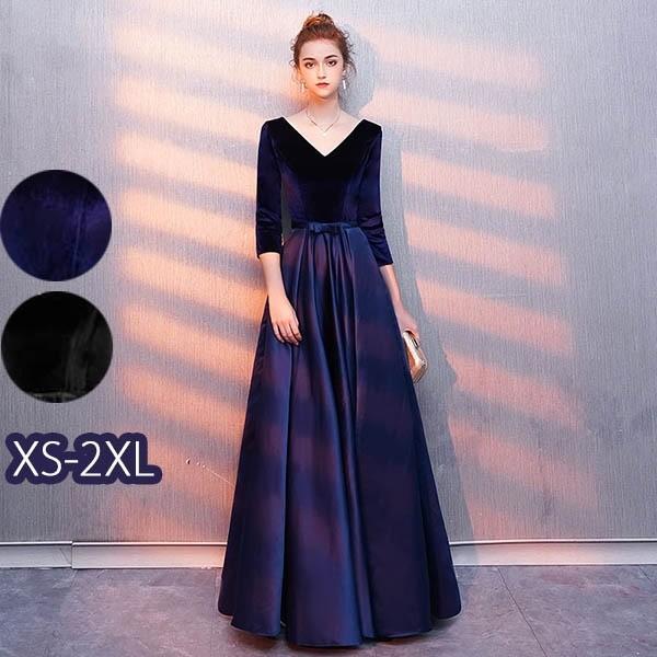 【送料無料】ドレス ロング丈 二次会 袖付き 締め上げタイプ 冬向き エレガント パーティードレス