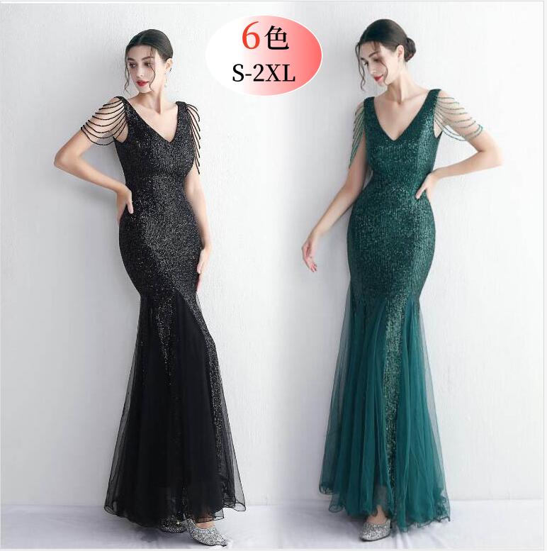 6色お揃い スパンコール ワンピース 裾シースルードレス 披露宴 二次会 キャバドレス ロングドレス タイトワンピース イブニングドレス お花嫁 Vネック パーティードレス ウェディングドレス セクシ