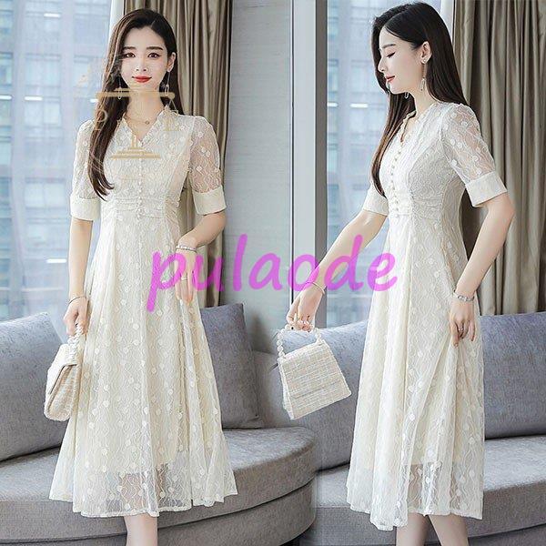 ワンピース レディース きれいめ 40代 夏 マキシワンピース 五分袖 Vネック レースワンピース パーティードレス 韓国風 オシャレ 通勤 大人 OL 上品 着痩せ