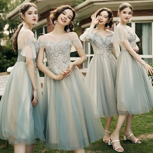 ブライズメイド ドレス ミモレ丈 小さいサイズ 大きいサイズ 結婚式 体型カバー 半袖 フリル オフショルダー 卒業式 花嫁 ピアノ 発表会 演奏会 20代 30代 パーティードレス 結婚式 二次会