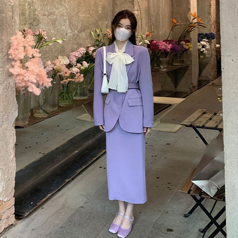 超妖精気質と優しいスタイルの女性用青紫ウエストブレザー韓国ドラマヒロインスリットスカート春秋スーツ