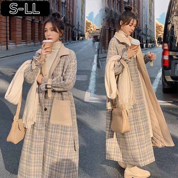 ロングコート グレンチェック コート ステンカラーコート ドロップショルダー 超ロング フードなし 暖かい おしゃれ 体型カバー 中綿コート 韓国 暖かい おしゃれ 体型カバー かわいい エレガント