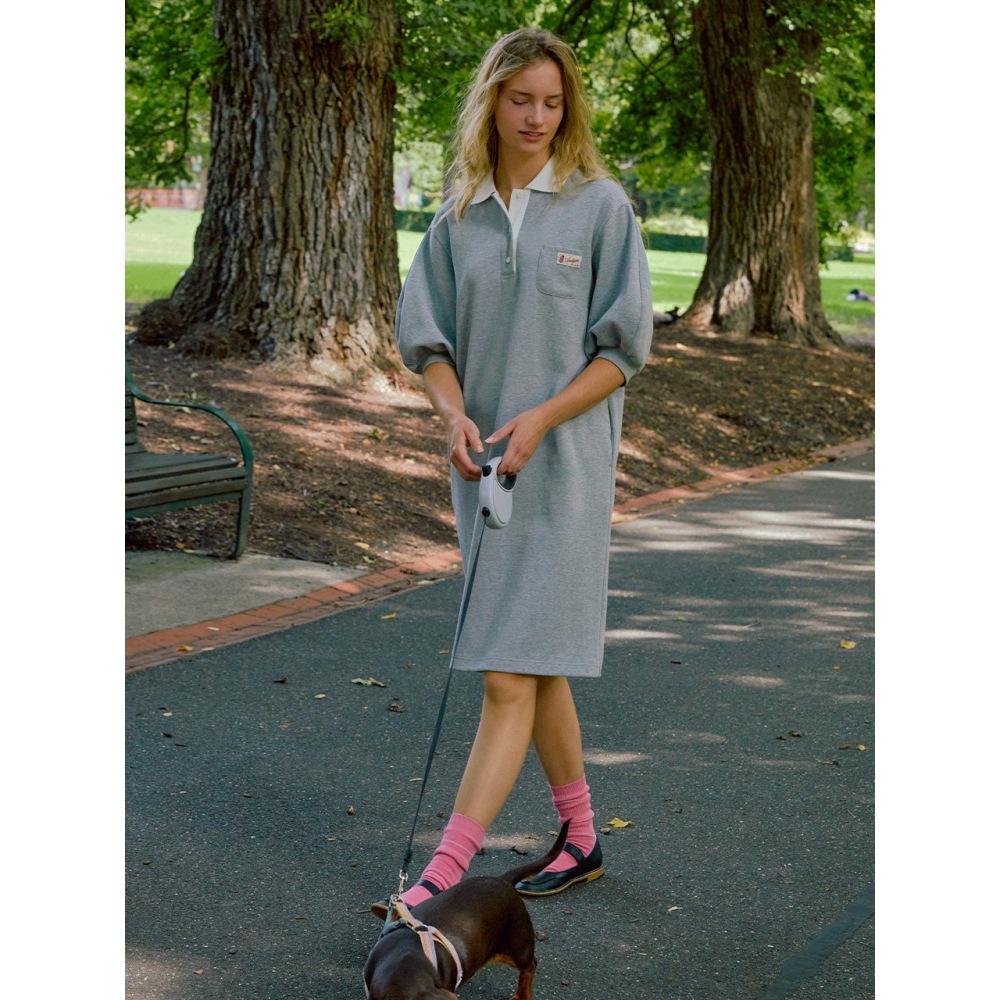 AND YOU Elwood ビンテージラベルボリュームスリーブカラードレス (ベージュメランジグレー)