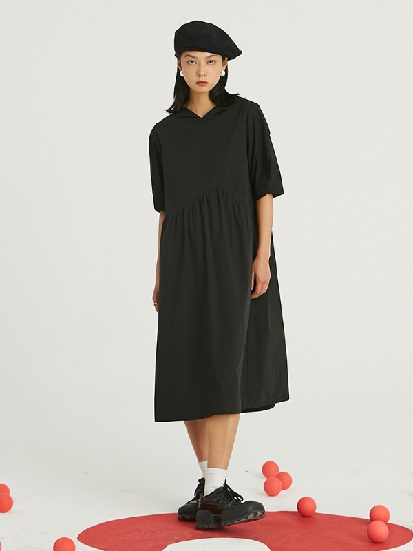 オモント エッグタルト ホーム レトロ アシンメトリー ラペル 半袖 ブラック ドレス レディース ミディアムロング コットン スカート 夏