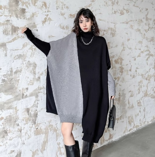 レディース ワンピース ニット フレア ニットワンピ 膝丈 ミモレ 長袖 ボリューム袖 ハイネック アシンメトリー アシンメトリー かわいい 大人可愛い きれいめ シンプル 上品 おしゃれ レトロ