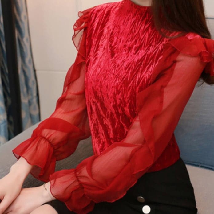 トップス デート かわいい 大人可愛い きれいめ シンプル カジュアル 大人 上品 おしゃれ お洒落 長袖 ハイネック フリル シアー 透け感 エレガント オフィス 秋冬 主役級 個性的 韓国 レッド