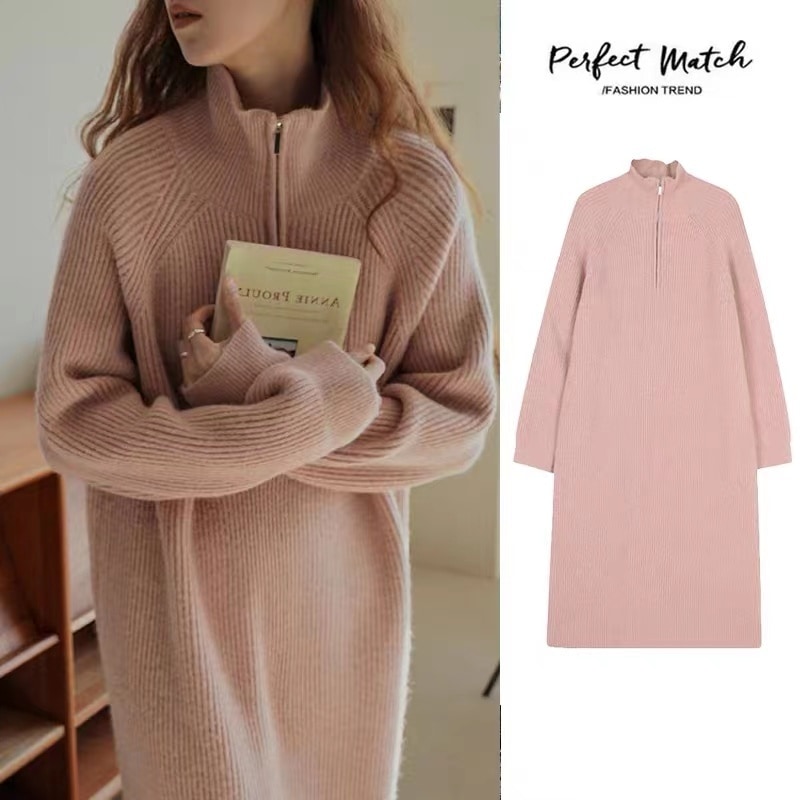 ワンピース ロングワンピース ニットワンピース 長袖 萌袖 ハイネック ハーフジップ かわいい 大人可愛い きれいめ シンプル カジュアル 上品 おしゃれ かっこいい 大人女子 こなれ感 個性的